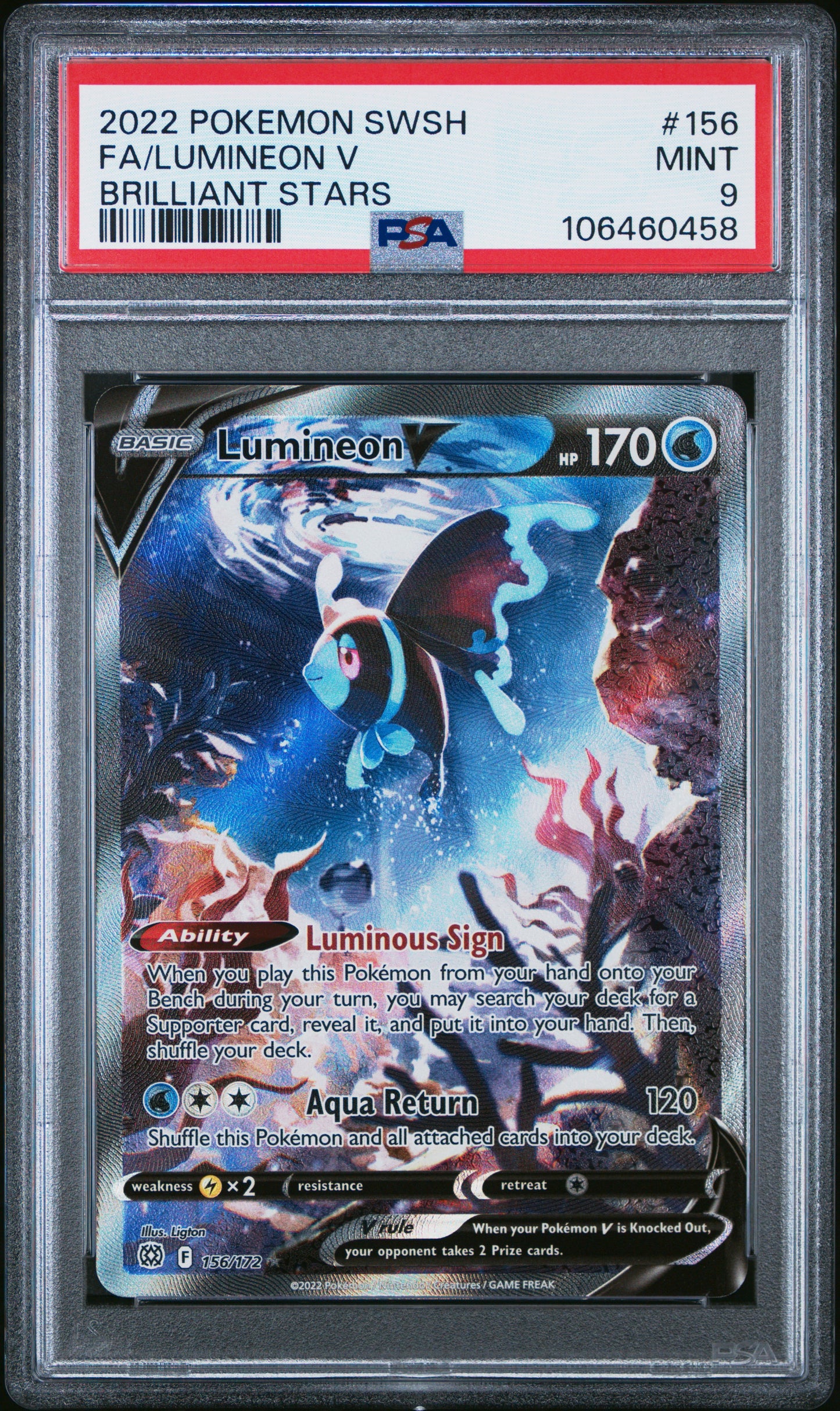 2022 Pokemon Sword & Shield Brilliant Stars #156 Fa/Lumineon V PSA 9