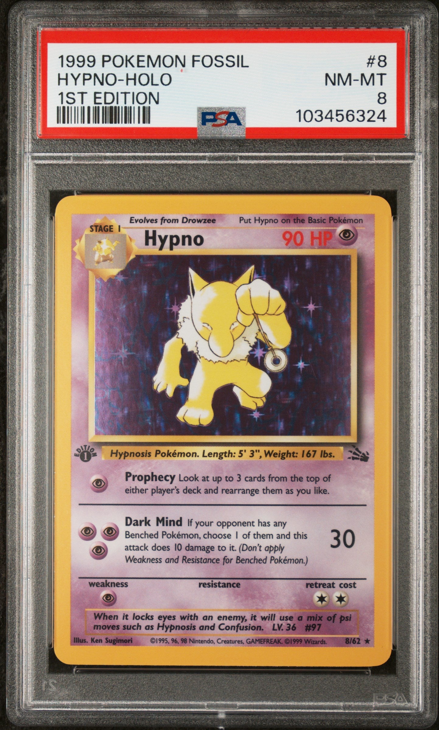 1999 Pokemon Fossil #8 Hypno-Holo 1st Edition PSA 8