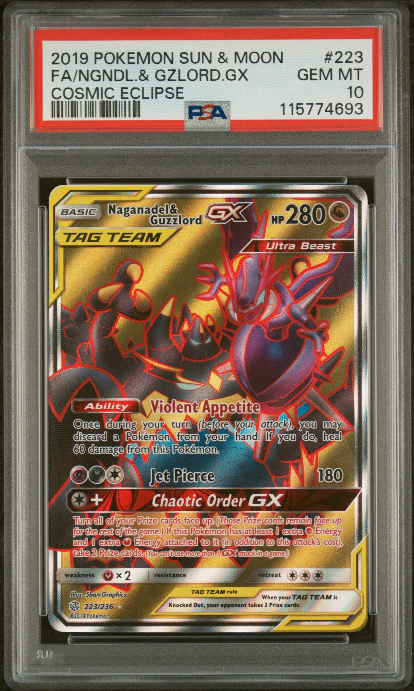 2019 Pokemon Sun & Moon Cosmic Eclipse #223 Fa/Ngndl.& Gzlord.Gx PSA 10