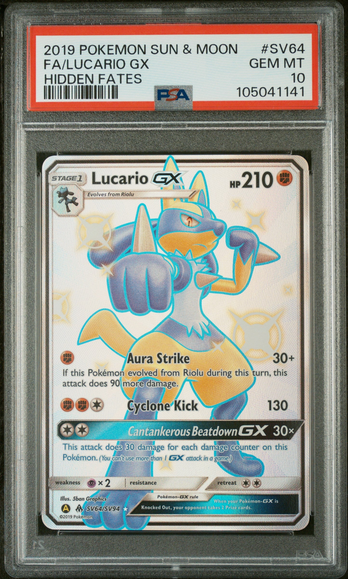 2019 Pokemon Sun & Moon Hidden Fates #SV64 Fa/Lucario Gx PSA 10
