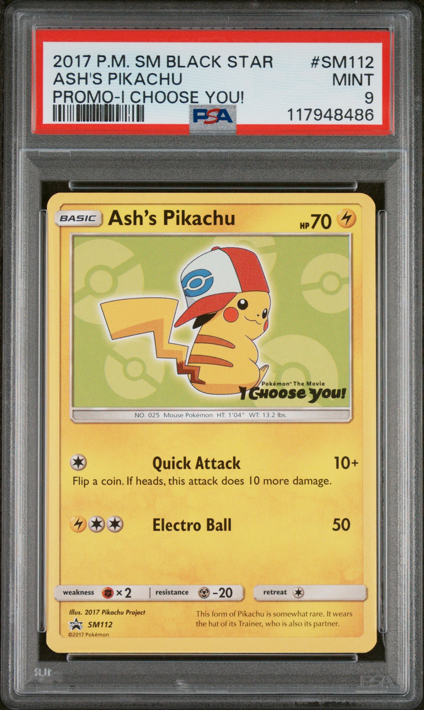 2017 Pokemon Sm Black Star Promo #SM112 Ash'S Pikachu PSA 9