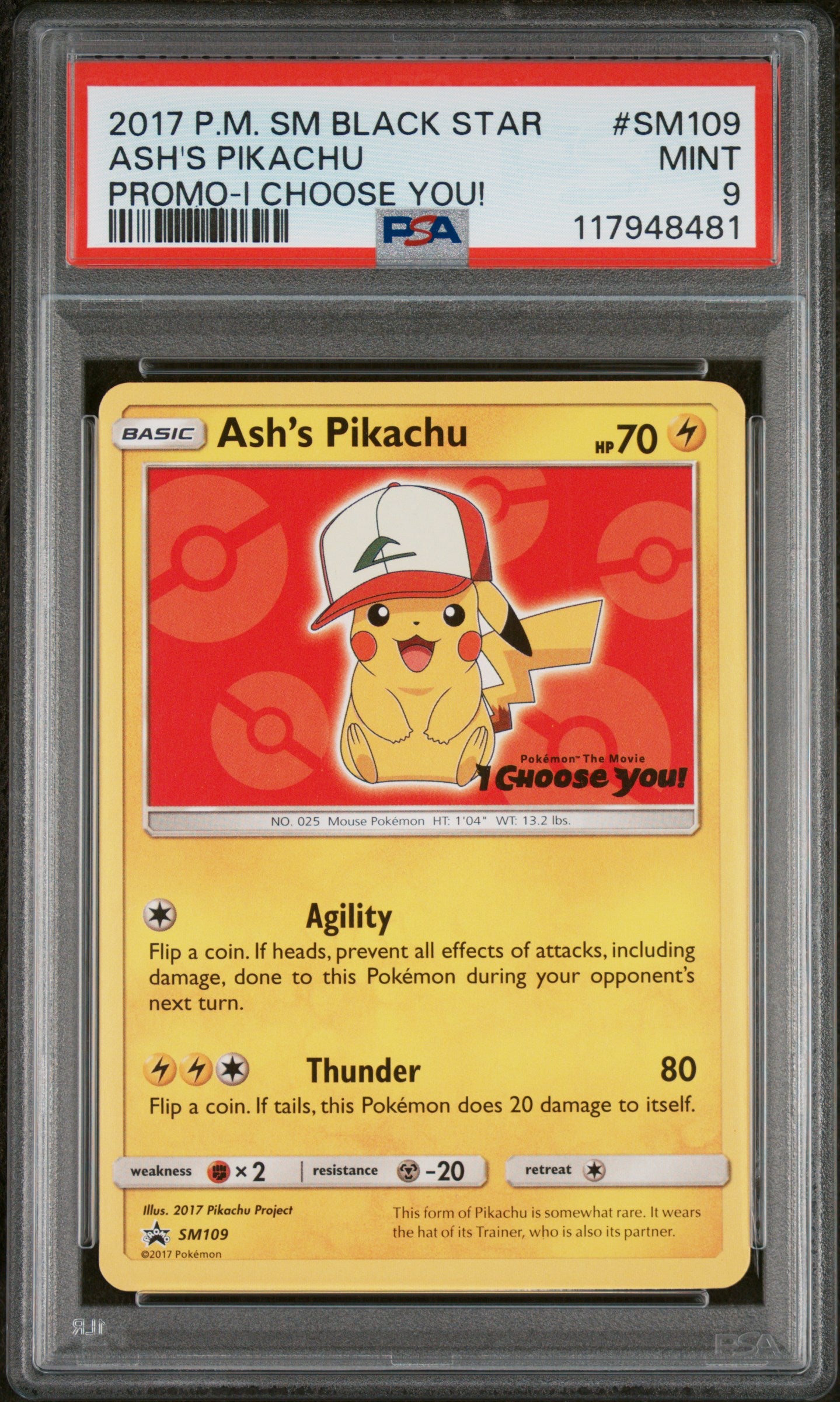 2017 Pokemon Sm Black Star Promo #SM109 Ash'S Pikachu PSA 9