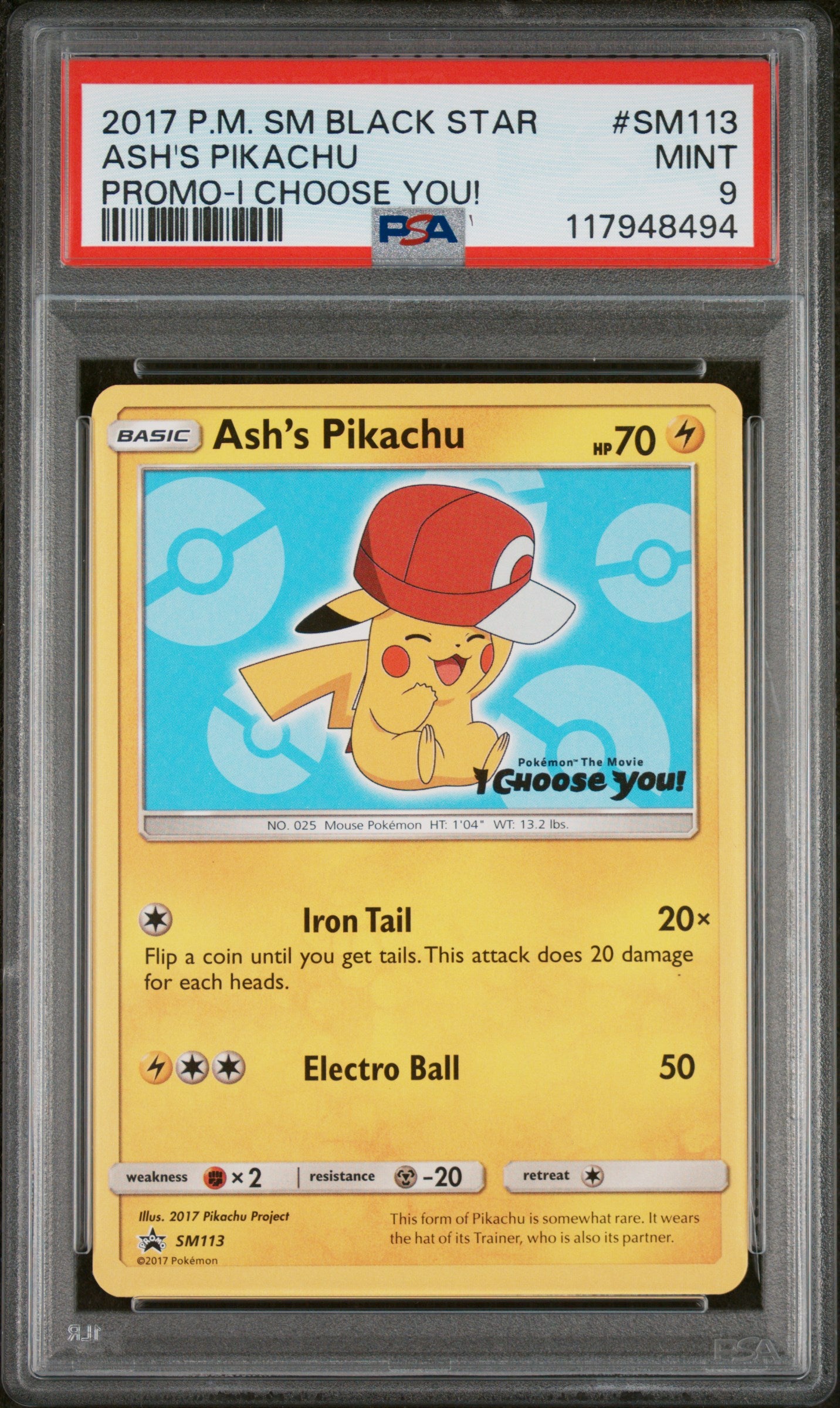 2017 Pokemon Sm Black Star Promo #SM113 Ash'S Pikachu PSA 9
