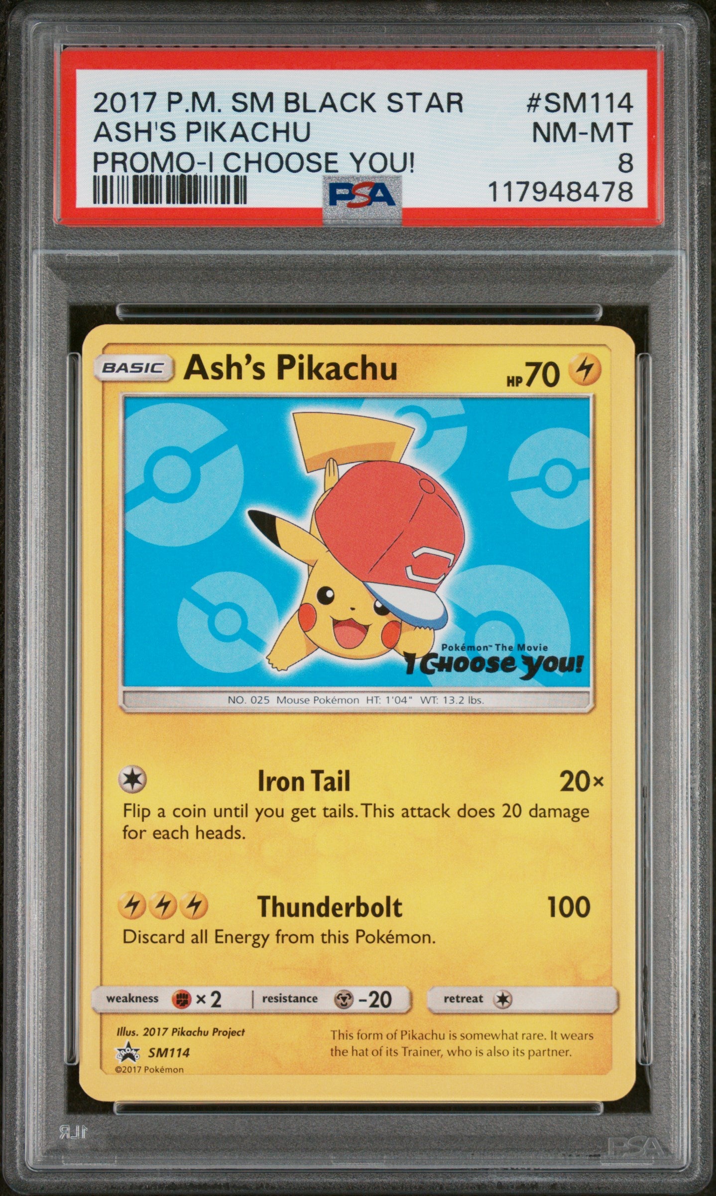 2017 Pokemon Sm Black Star Promo #SM114 Ash'S Pikachu PSA 8