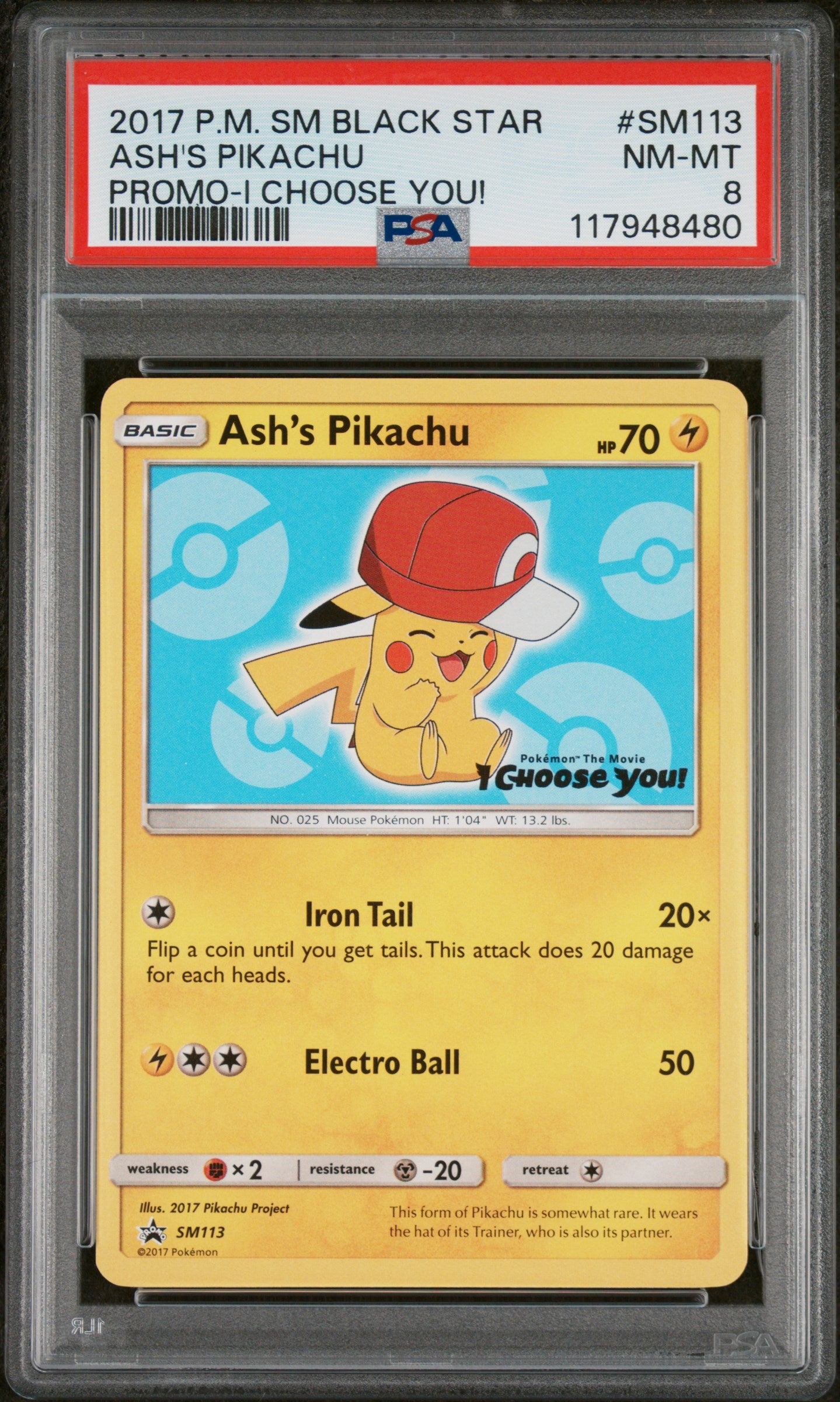 2017 Pokemon Sm Black Star Promo #SM113 Ash'S Pikachu PSA 8