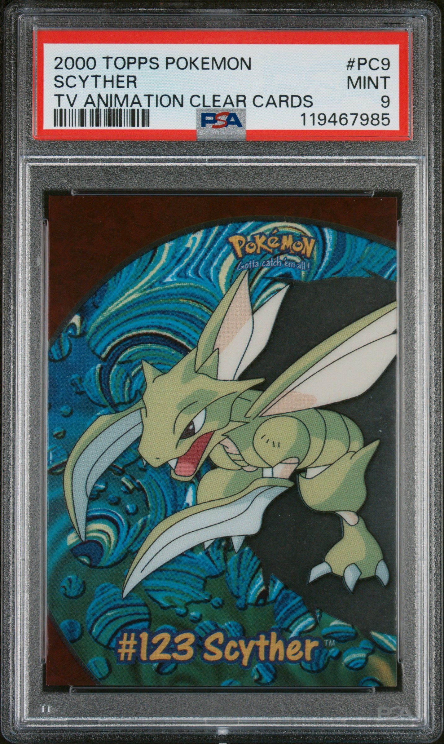 2000 Topps Pokemon Tv Animation Clear Cards #PC9 Scyther PSA 9
