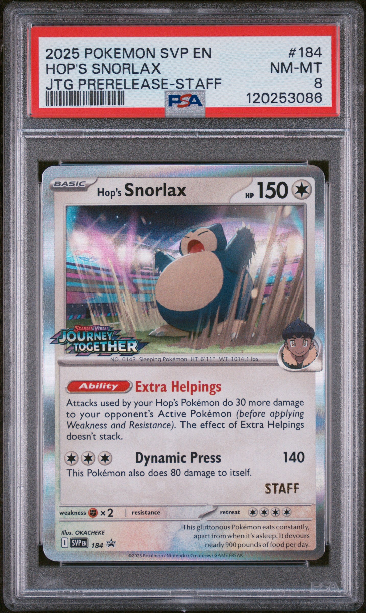 2025 Pokemon Svp En-Sv Black Star Promo #184 Hop'S Snorlax PSA 8