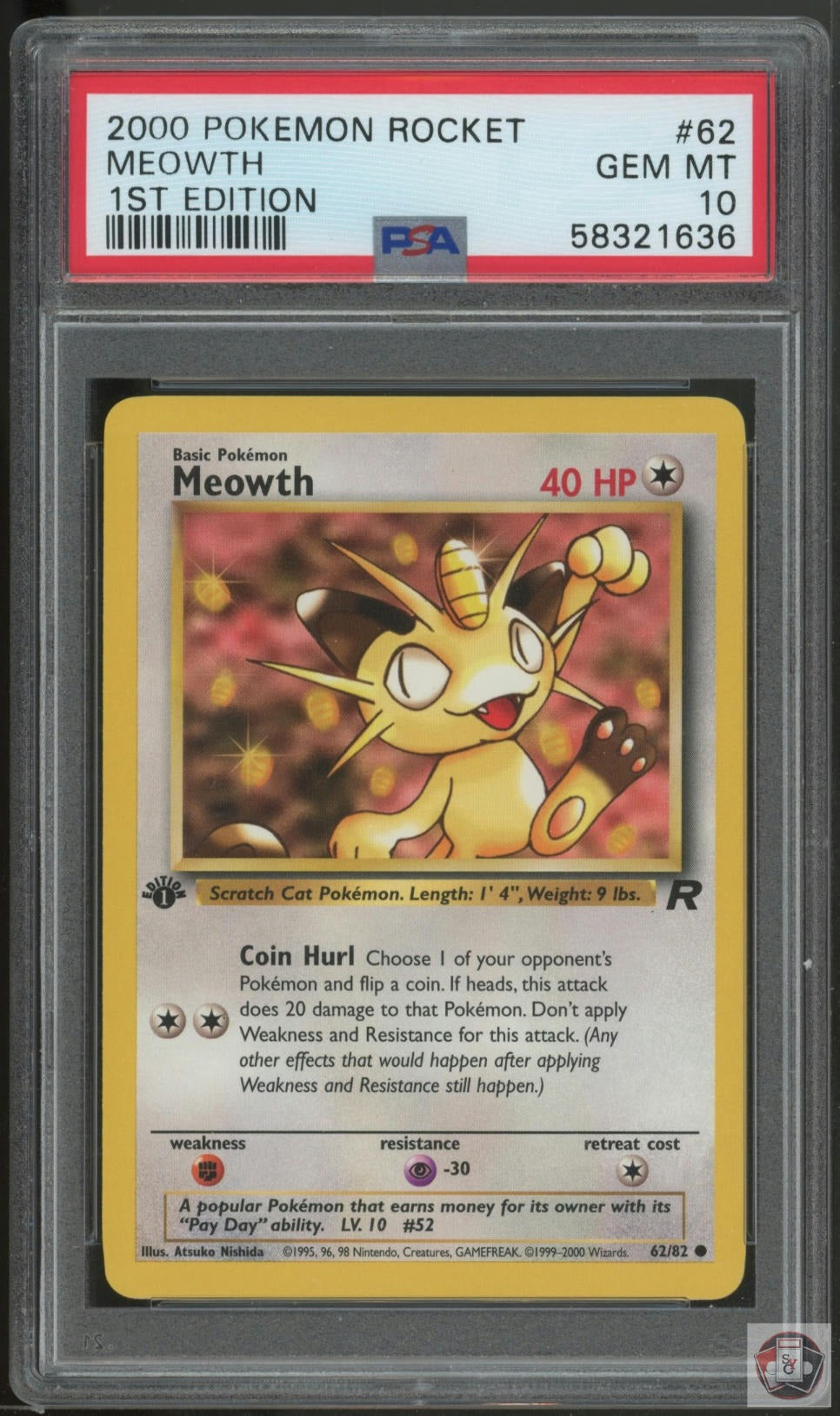 Meowth 62 1st Edition Rocket Pokemon PSA 10
