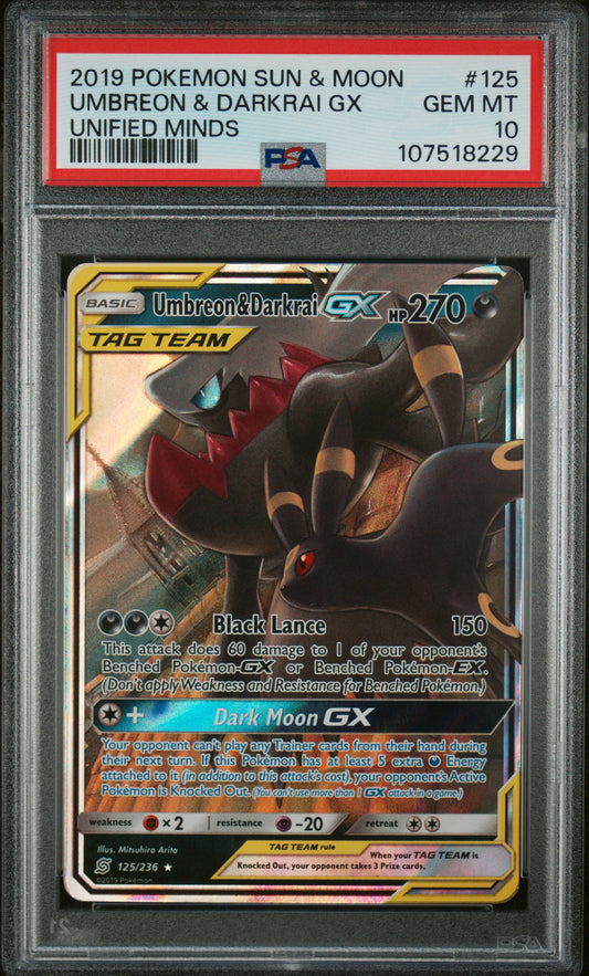 2019 Pokemon Sun & Moon Unified Minds #125 Umbreon & Darkrai Gx PSA 10