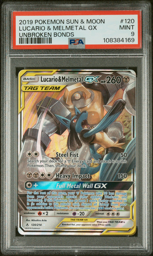 2019 Pokemon Sun & Moon Unbroken Bonds #120 Lucario & Melmetal Gx PSA 9