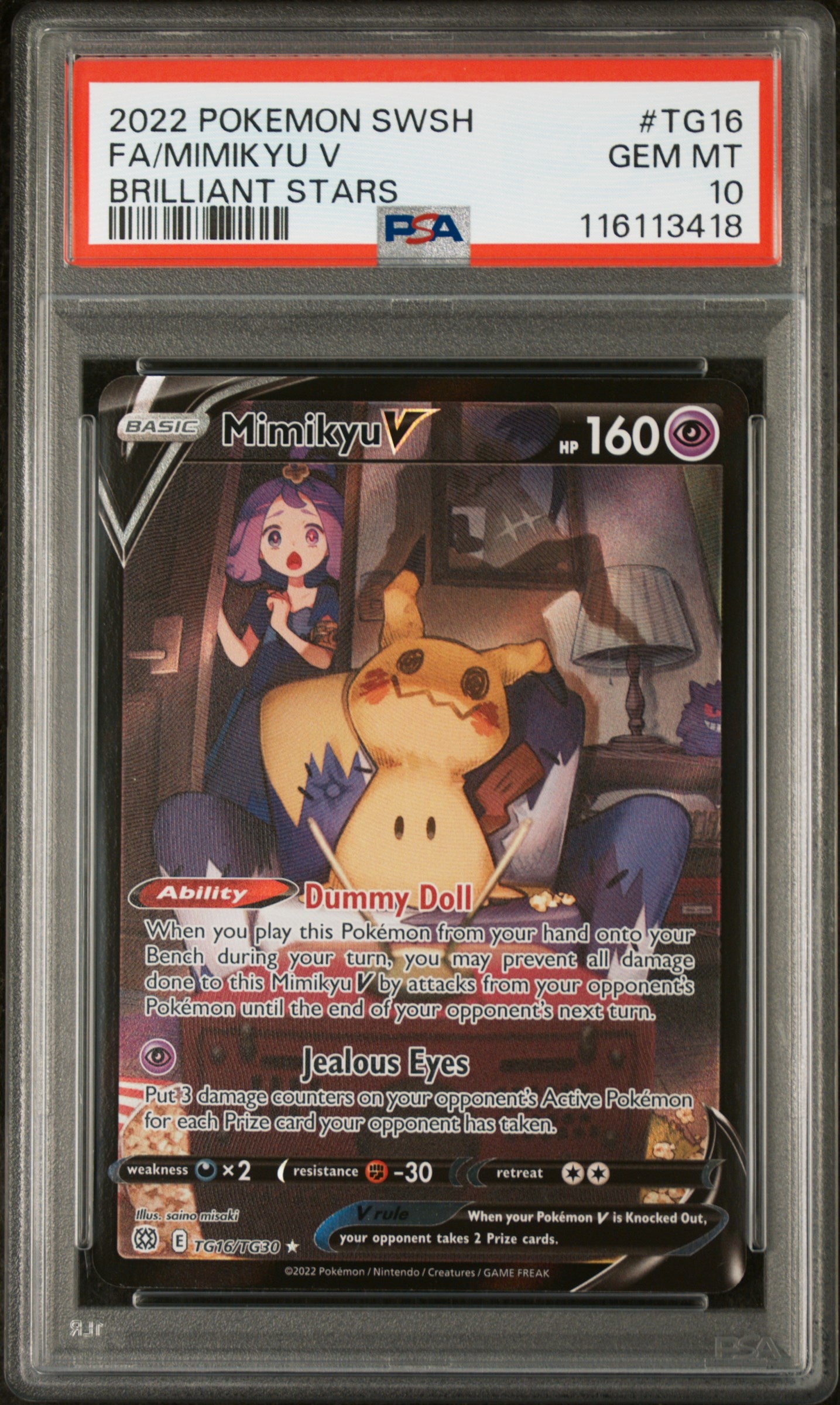 2022 Pokemon Sword & Shield Brilliant Stars #TG16 Fa/Mimikyu V PSA 10