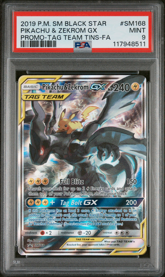 2019 Pokemon Sm Black Star Promo #SM168 Pikachu & Zekrom Gx PSA 9