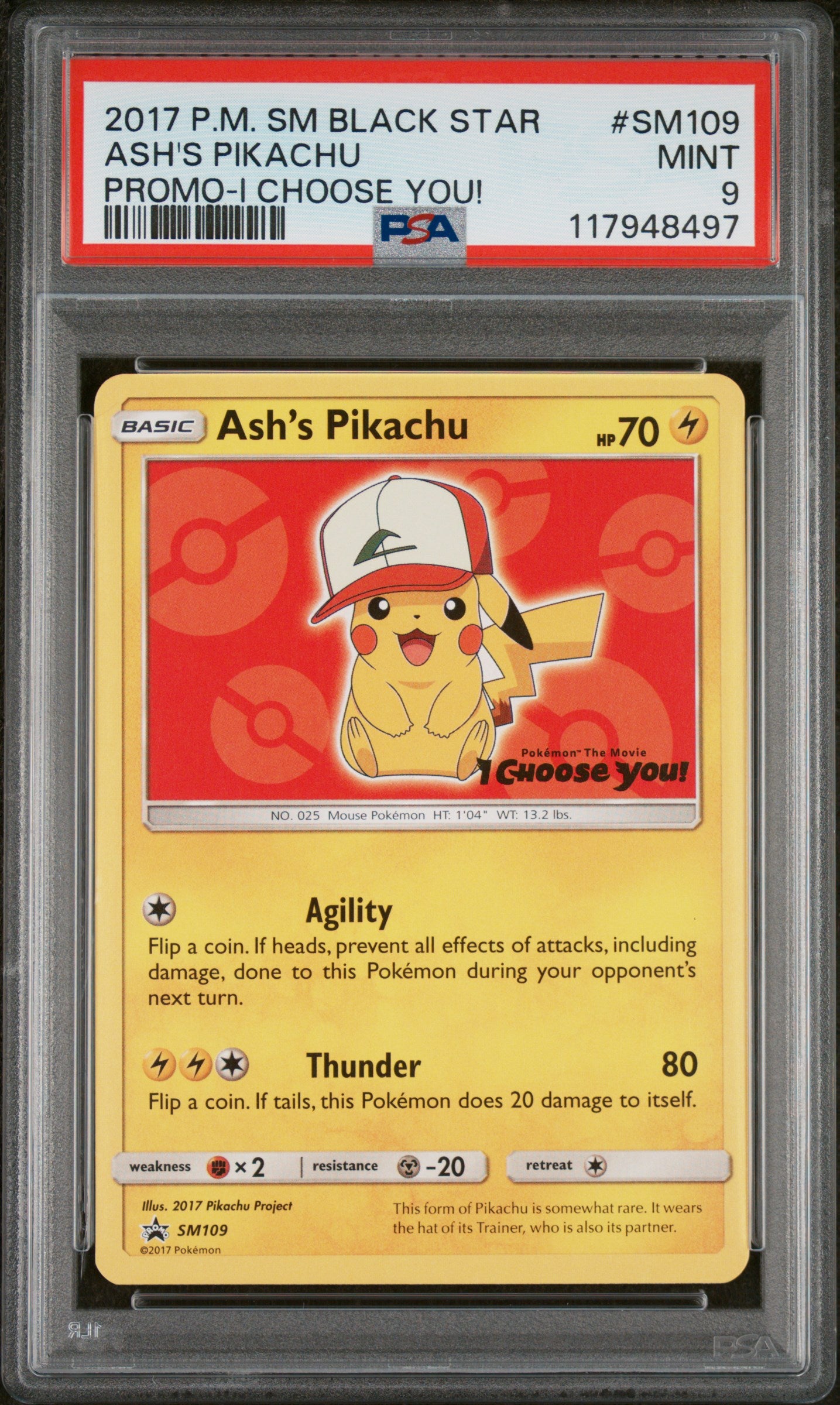 2017 Pokemon Sm Black Star Promo #SM109 Ash'S Pikachu PSA 9