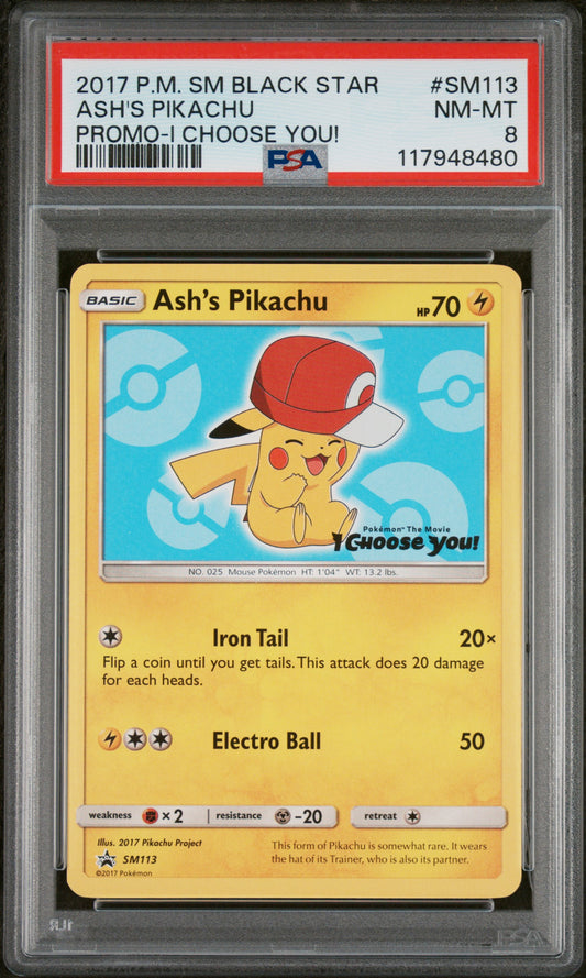 2017 Pokemon Sm Black Star Promo #SM113 Ash'S Pikachu PSA 8