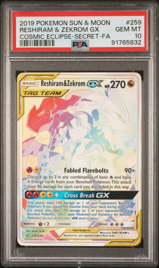 2019 Pokemon Sun & Moon Cosmic Eclipse #259 Reshiram & Zekrom Gx PSA 10