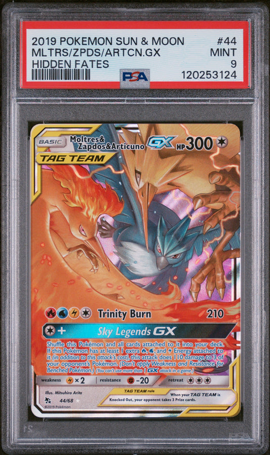 2019 Pokemon Sun & Moon Hidden Fates #44 Mltrs/Zpds/Artcn.Gx PSA 9