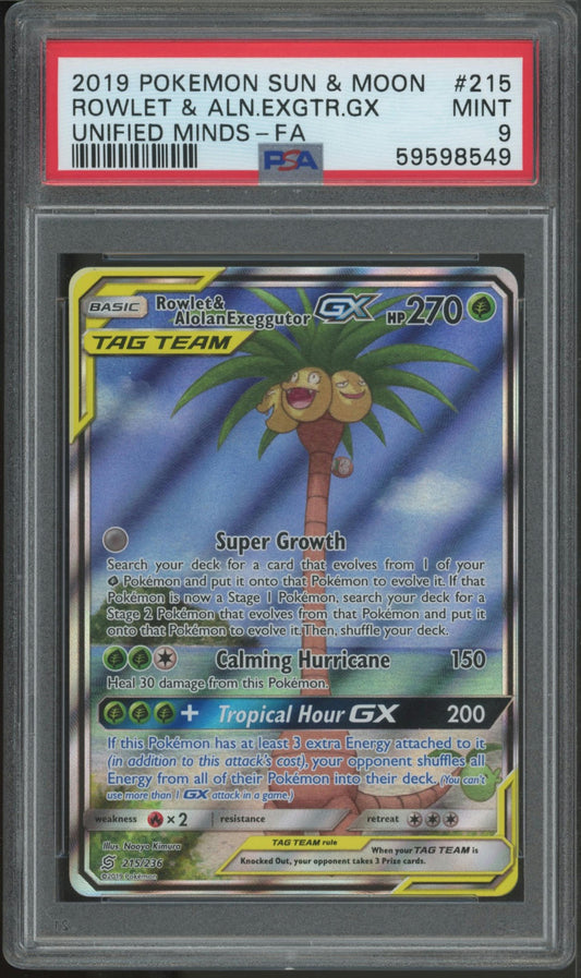 2019 Pokemon Sun & Moon Unified Minds #215 Rowlet & Aln.Exgtr.Gx PSA 9