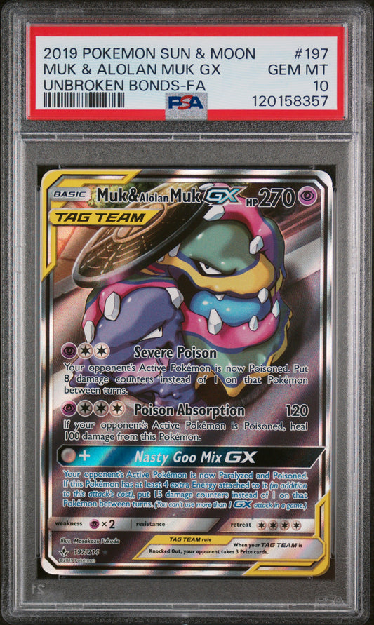 2019 Pokemon Sun & Moon Unbroken Bonds #197 Muk & Alolan Muk Gx PSA 10