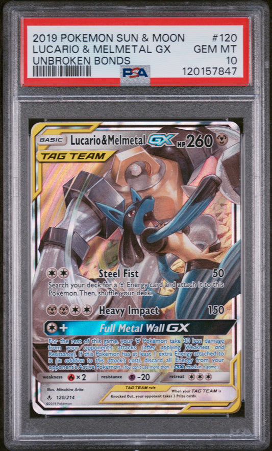 2019 Pokemon Sun & Moon Unbroken Bonds #120 Lucario & Melmetal Gx PSA 10