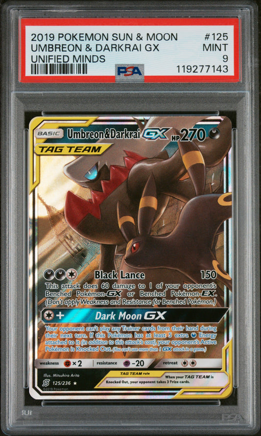 2019 Pokemon Sun & Moon Unified Minds #125 Umbreon & Darkrai Gx PSA 9