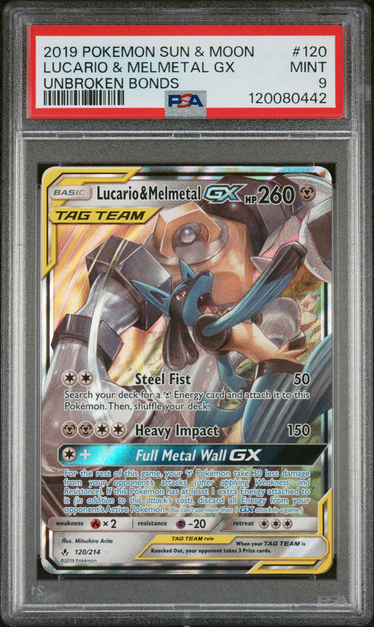 2019 Pokemon Sun & Moon Unbroken Bonds #120 Lucario & Melmetal Gx PSA 9