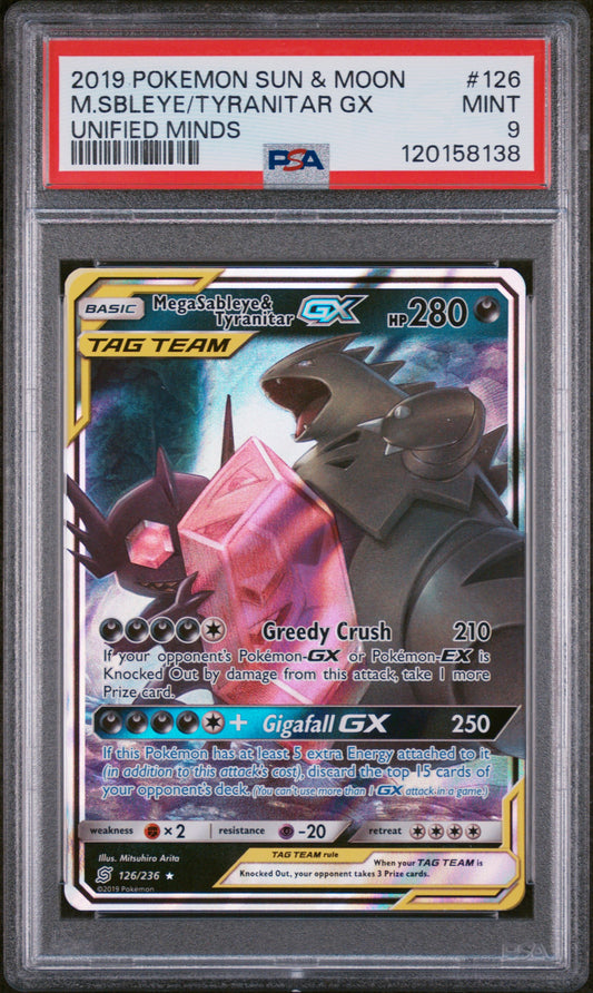 2019 Pokemon Sun & Moon Unified Minds #126 M.Sbleye/Tyranitar Gx PSA 9