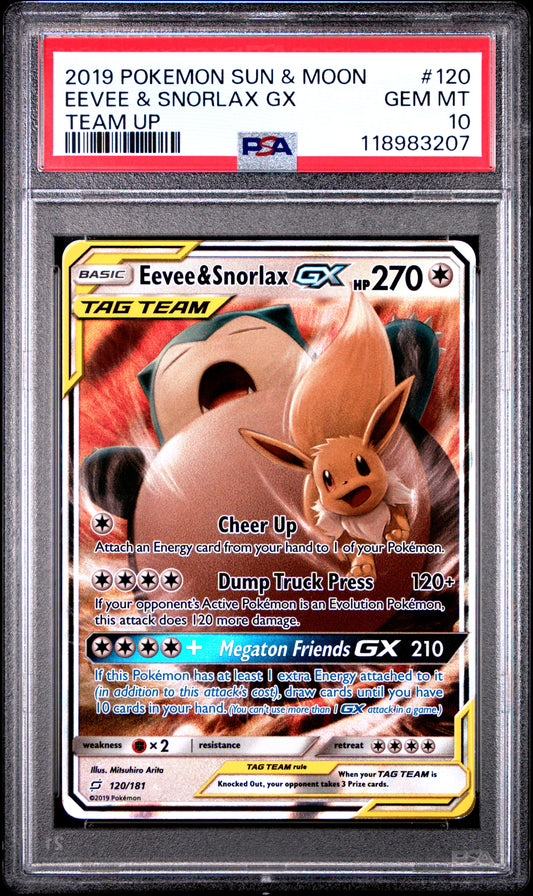 Eevee & Snorlax Gx 120/181 Team Up Pokemon PSA 10