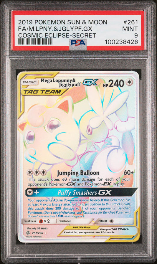 Mega-lopunny & Jigglypuff Gx 261/236 Secret Cosmic Eclipse Pokemon PSA 9