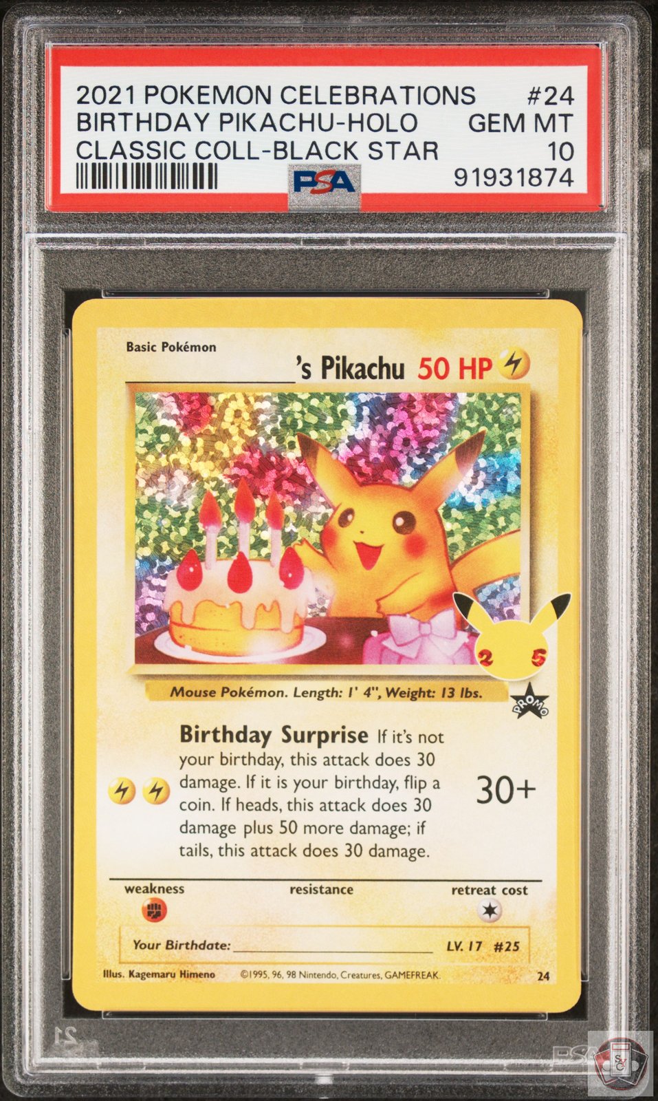 Birthday Pikachu Holo 24 Celebrations Classic Collection Pokemon PSA 10 Gem Mint
