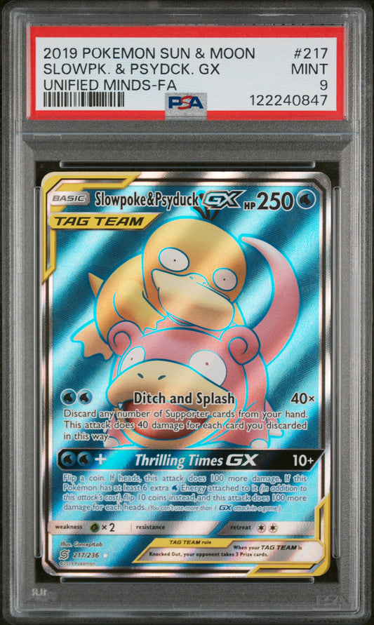 Slowpoke & Psyduck Gx 217/236 Unified Minds Pokemon PSA 9
