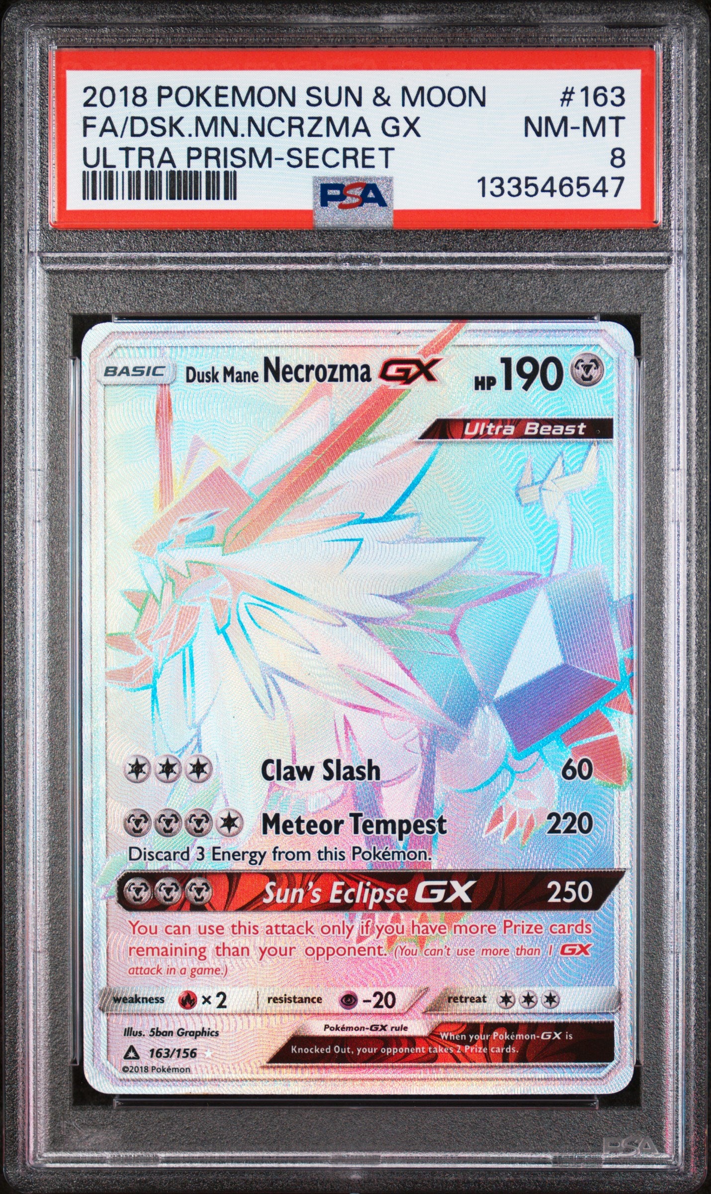 Dusk Mane Necrozma Gx 163/156 Secret Ultra Prism Pokemon PSA 8