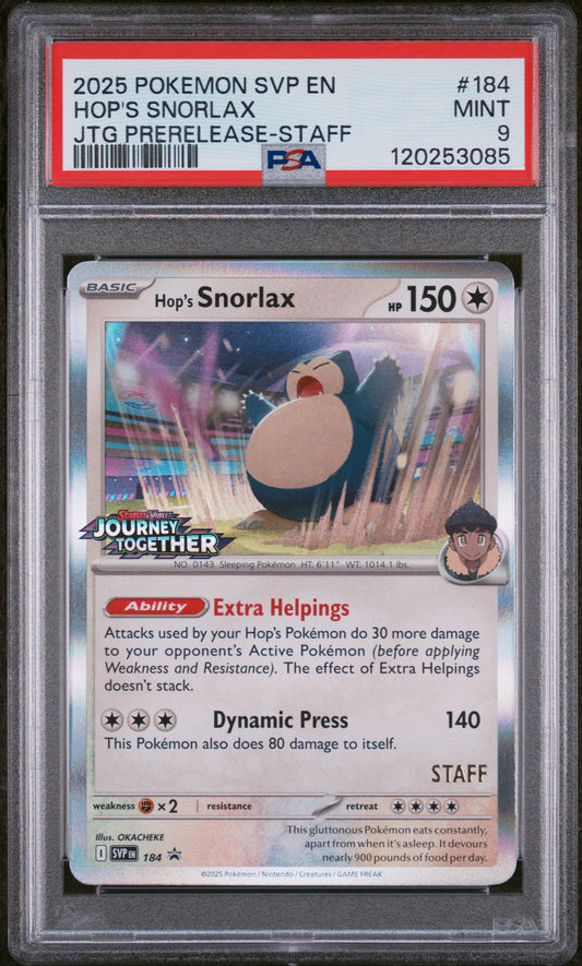 Hop's Snorlax 184/159 Journey Together Prerelease-staff Pokemon PSA 9