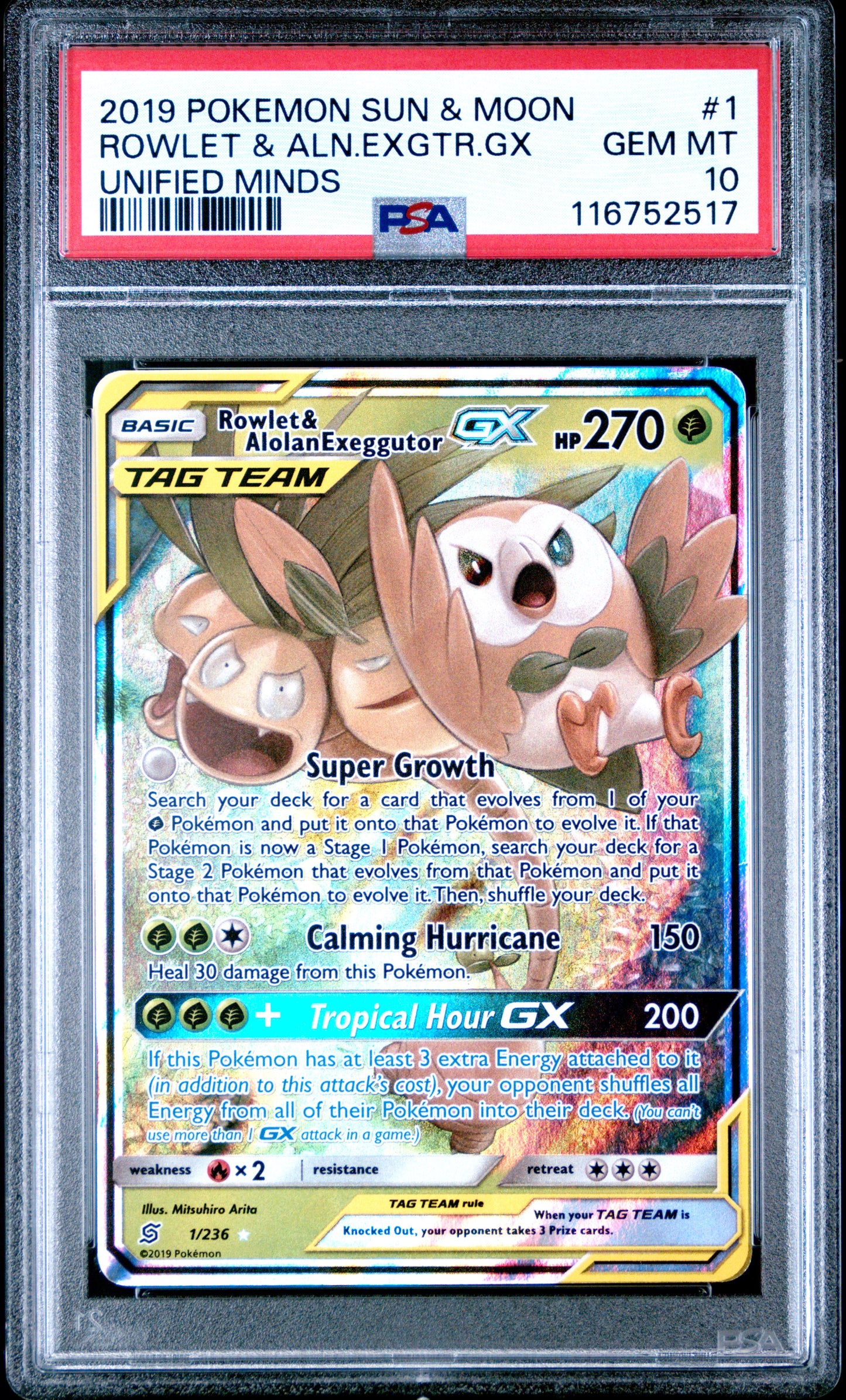 Rowlet & Alolan Exeggutor Gx 1/236 Unified Minds Pokemon PSA 10