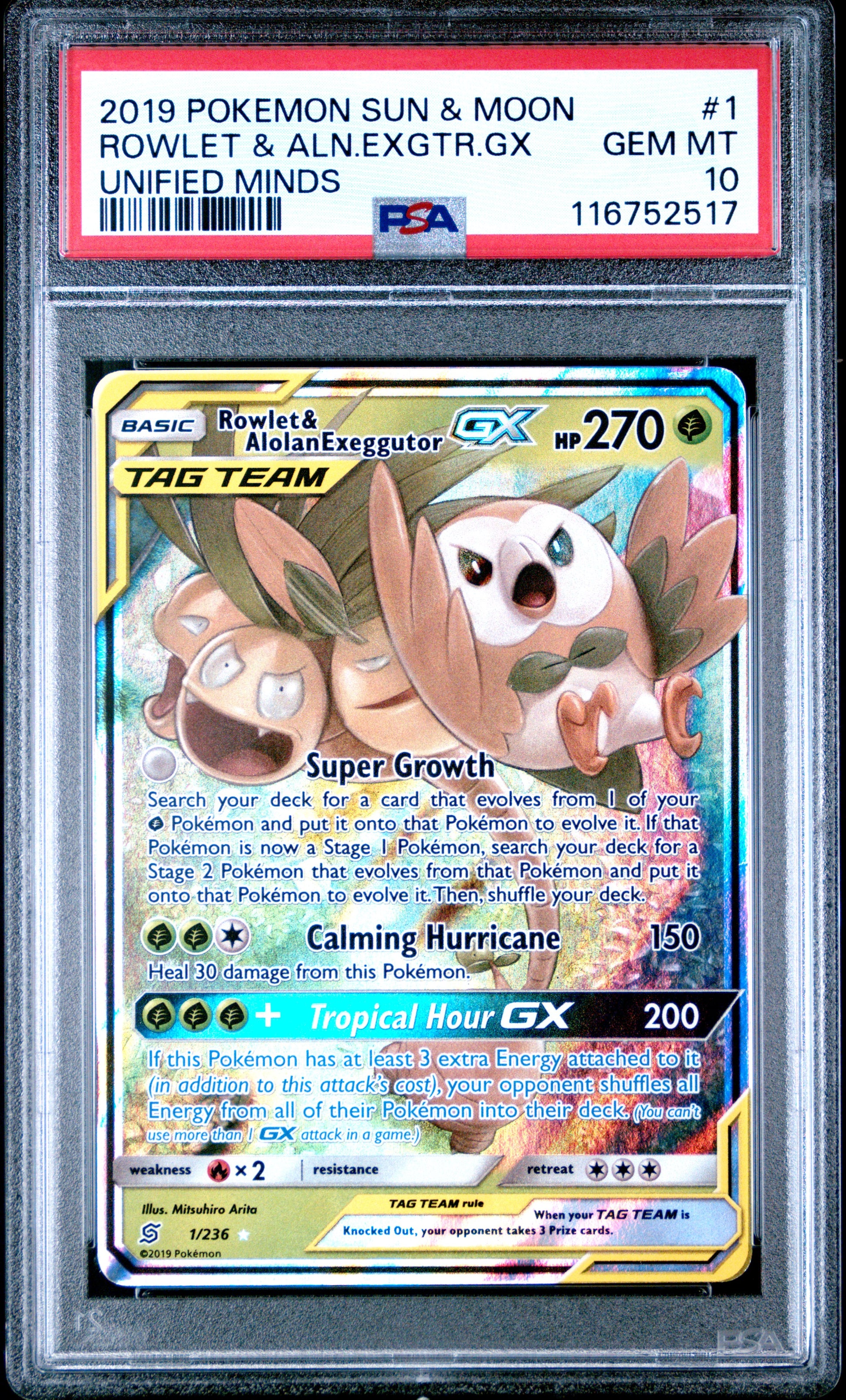 Rowlet & Alolan Exeggutor Gx 1/236 Unified Minds Pokemon PSA 10