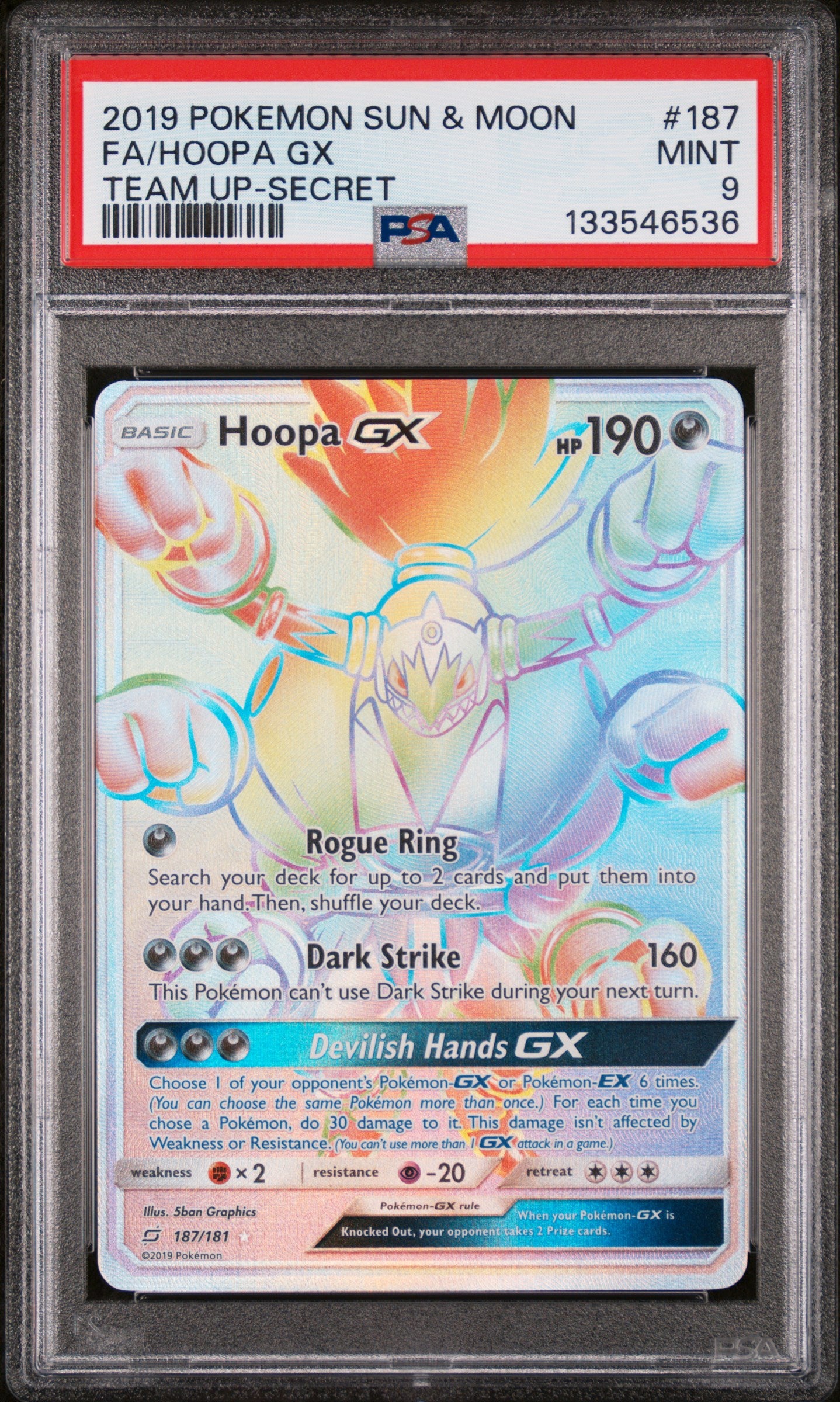 Hoopa Gx 187/181 Secret Team Up Pokemon PSA 9